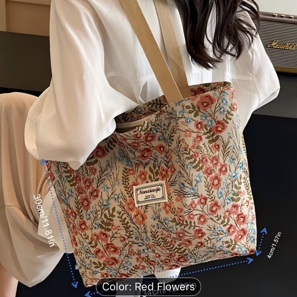Floral Canvas Tote Bag in Pinkish Red